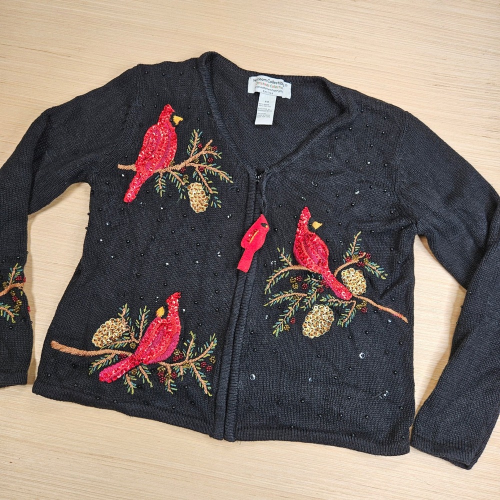 Cardinal Christmas Cardigan Heirloom Collectibles Women PM Black Beaded Zip Up